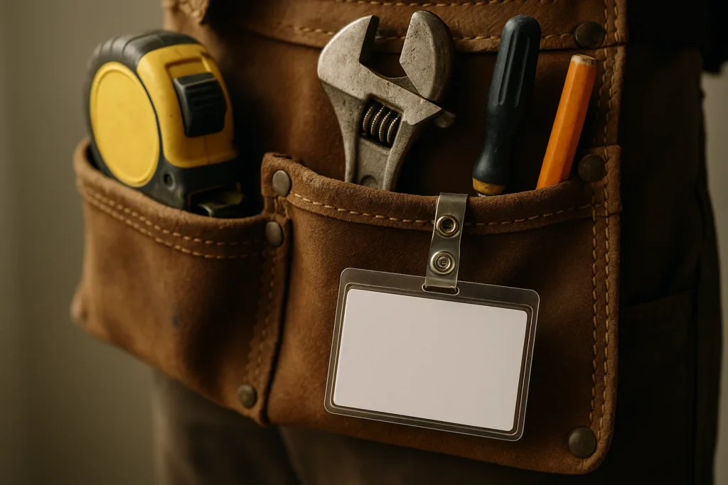 A close-up, high-detail, realistic image of a worn leather handyman tool belt holding a tape measure, adjustable wrench, screwdriver, carpenter's penc...