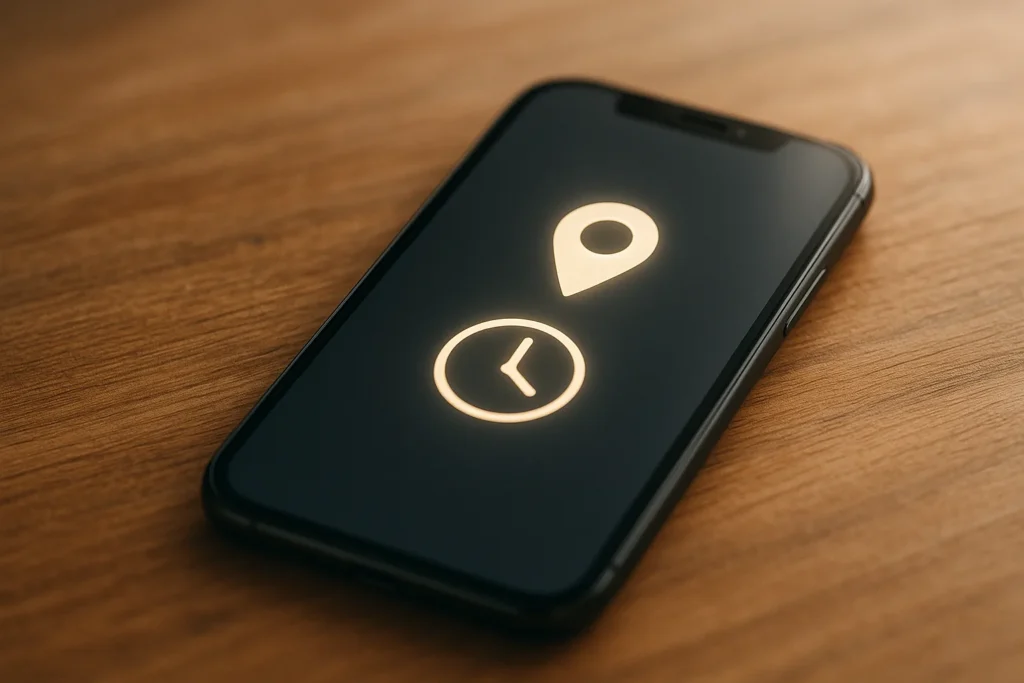 Close-up of a single smartphone resting on a wooden table, screen illuminated with a simple glowing map pin and clock icon (no text), soft natural lig...