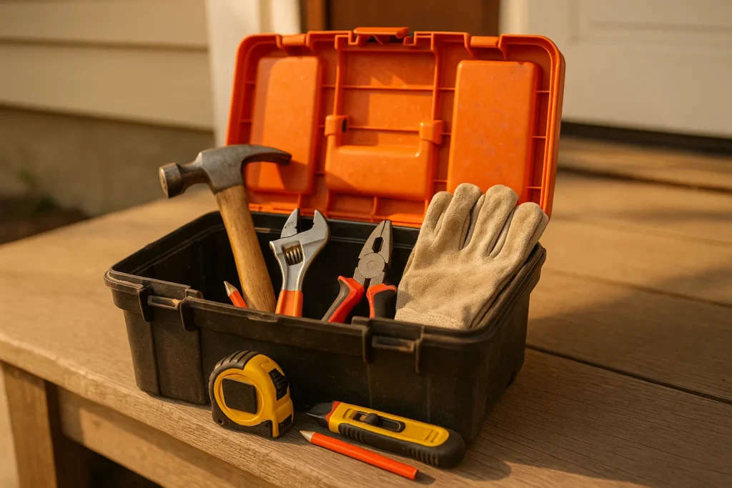 Handyman available today - Close-up of a single professional handyman's toolbox open on a porch step, neatly arranged tools: hammer, adjustable wrench, pliers, tape measure, uti...