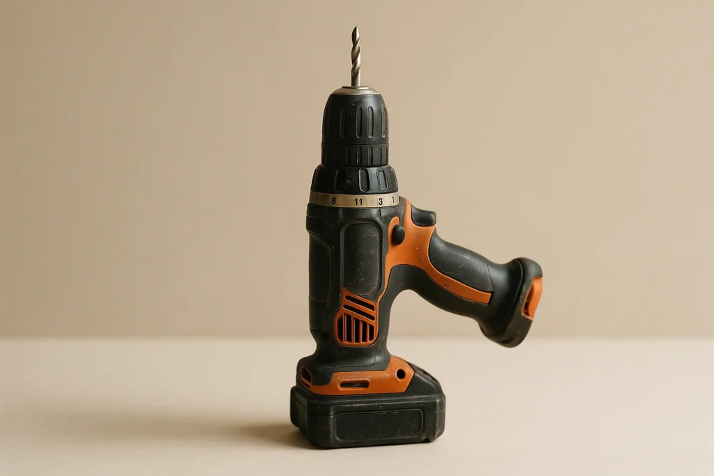 Photorealistic close-up of a cordless drill standing upright on a clean neutral backdrop, shallow depth of field, soft natural lighting, subtle wear a...
