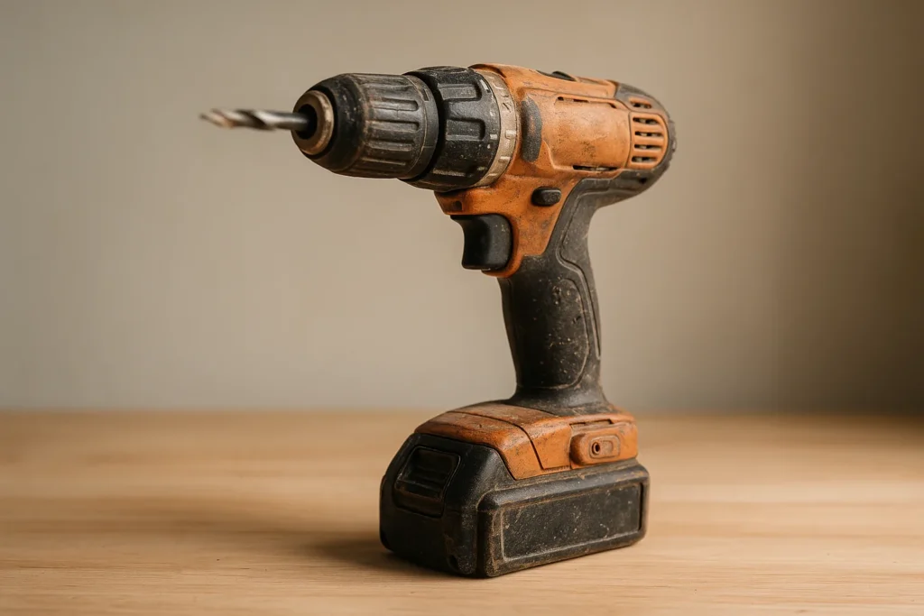 Worn cordless power drill standing upright on a clean wooden workbench, soft natural daylight, shallow depth of field, warm tones, realistic editorial...
